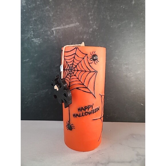 Happy Halloween Spider Black And Orange Pillar Candle - Picture 3 of 11